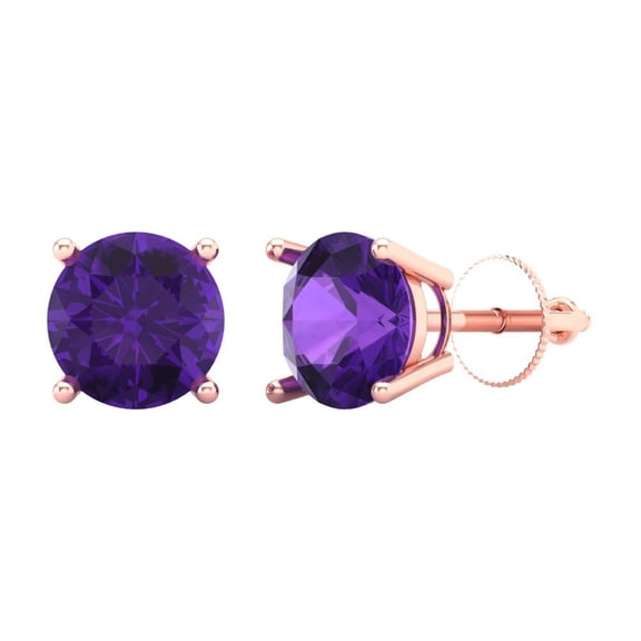 3 ct Screw-Back Stud Earrings for Women | 7.5mm Round Cut Natural Amethyst | 18K Rose Gold