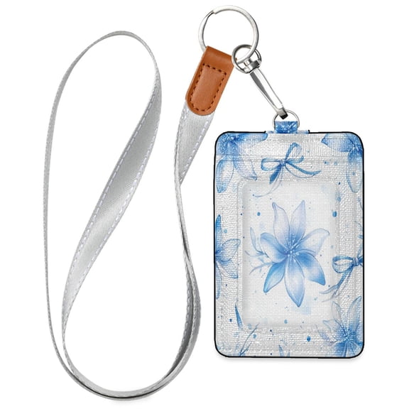 PU Leather ID Badge Holder Stylish Badge Holders with Lanyard (4.3x2.8x0.3in) for Cards & Credentials Blue Pastel Flowers