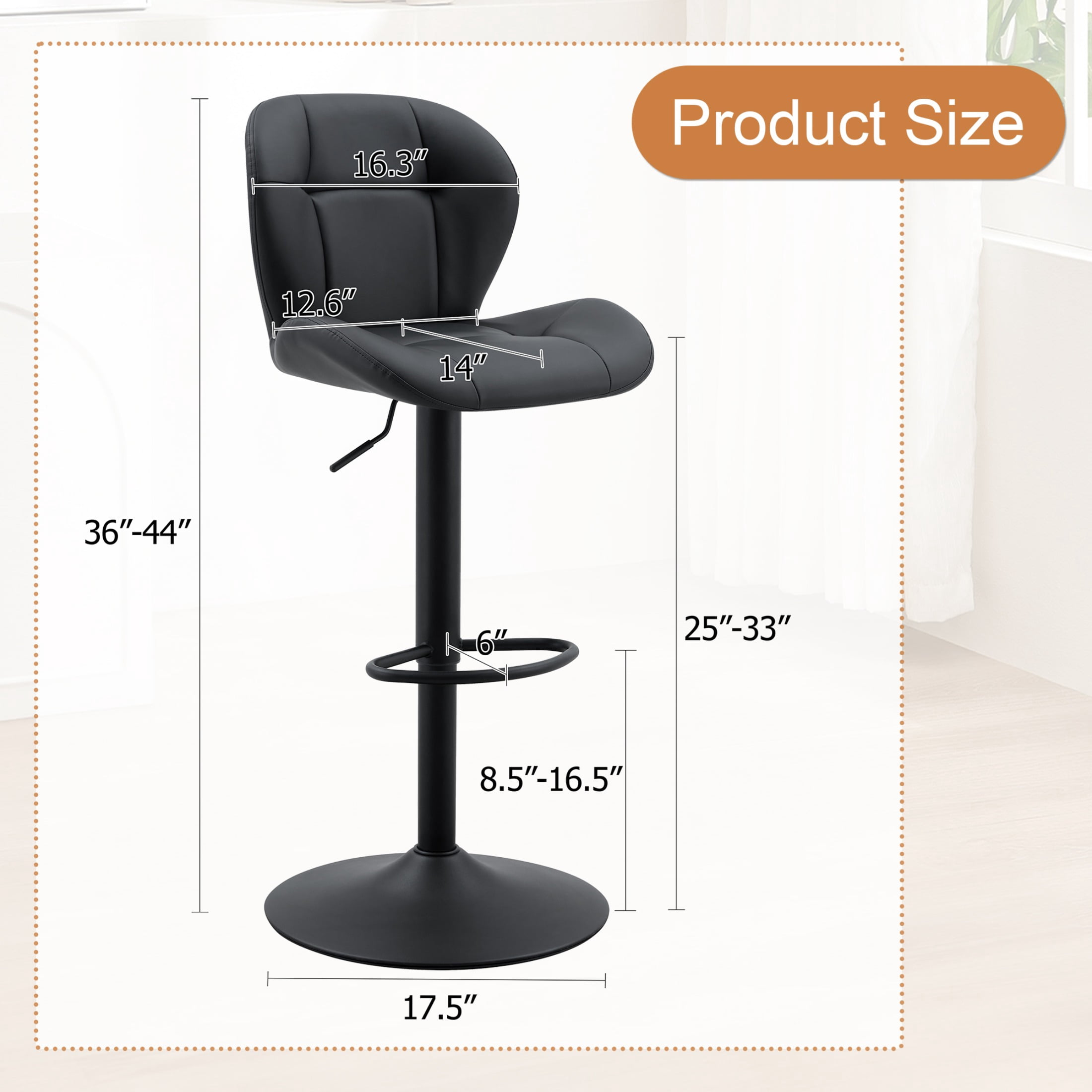 Bar Stools Set of 2, PU Leather Upholstered Adjustable Swivel Barstools, Adjustable Height Bar Chairs with Metal Base & Footrest for Kitchen Island, Pub, Bar - Black