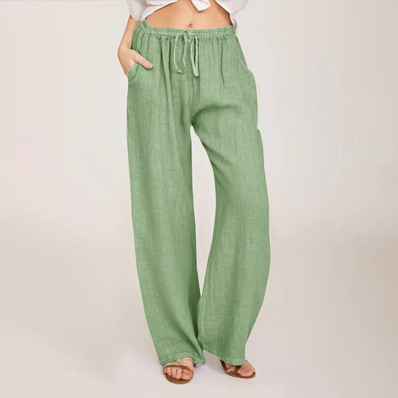 lmcalzta Linen Pants for Women Wide Leg High Waisted Elastic Waisted Casual Pants Summer Fashion Beach Lightweight Trousers