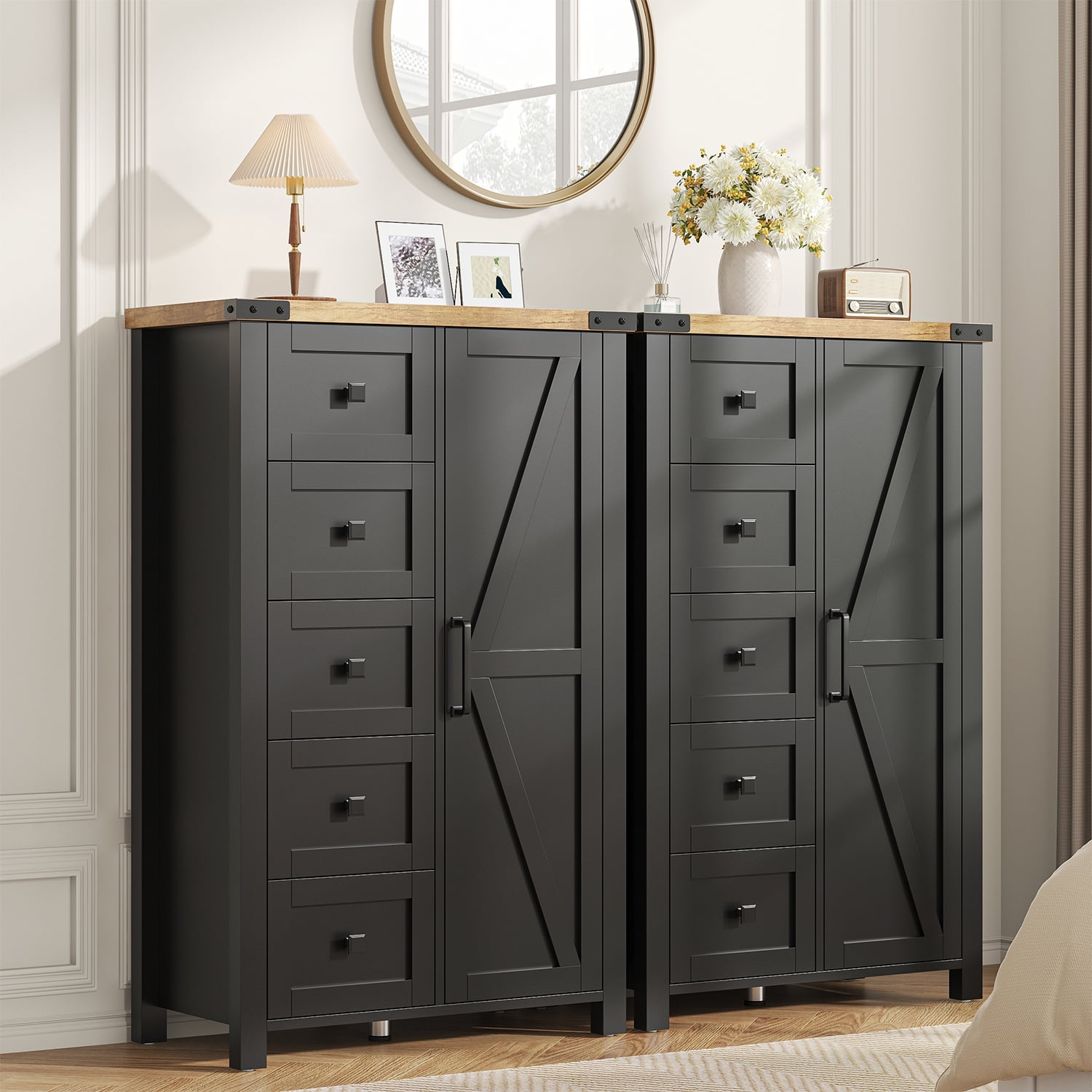 Frmobepts Farmhouse 5 Drawer Dresser with Barn Door, Adjustable Storage Cabinet for Bedroom Living Room, Black