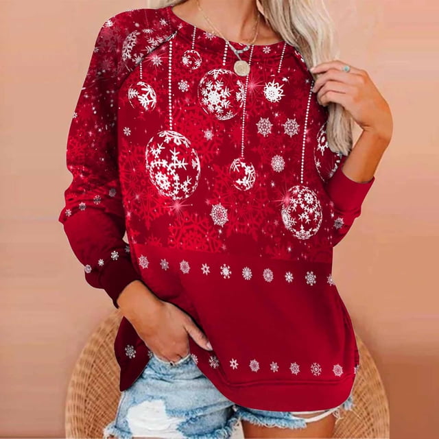 Chandail en Molleton de Noël pour Femmes 2023 Hauts Imprimé de Noël Col Rond Chandail Blouse Ample Chandail en Molleton Sans Capuche en Liquidation