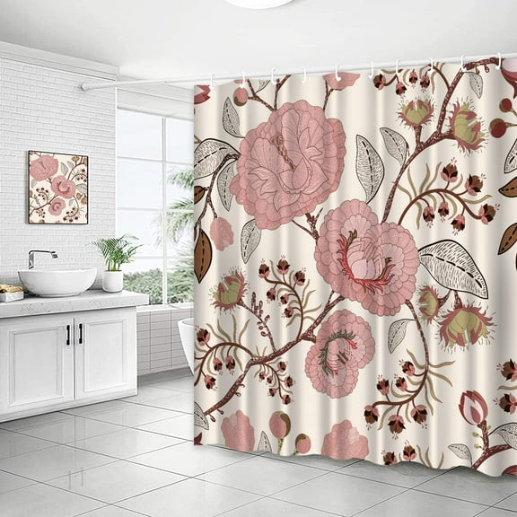 Boho Shower Curtain Pink Floral Mid Century Vintage Blush Plant Rose Flowers and Leaves Fabric Shower Curtains for Bathroom Waterproof Washable, 72" x 72"
