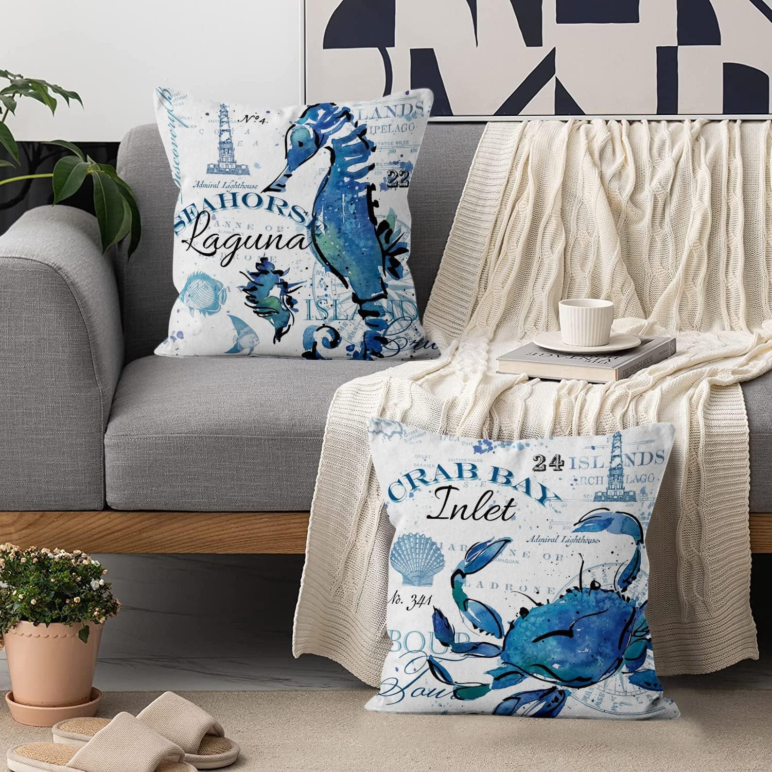 Ocean Theme Pillow Covers 16x16 Set of 4, Navy Blue Sea Animals Throw Pillow Covers Crab Seahorse Octopus Starfish Pillowcase Coastal Accent Summer Decorative for Home Outdoor