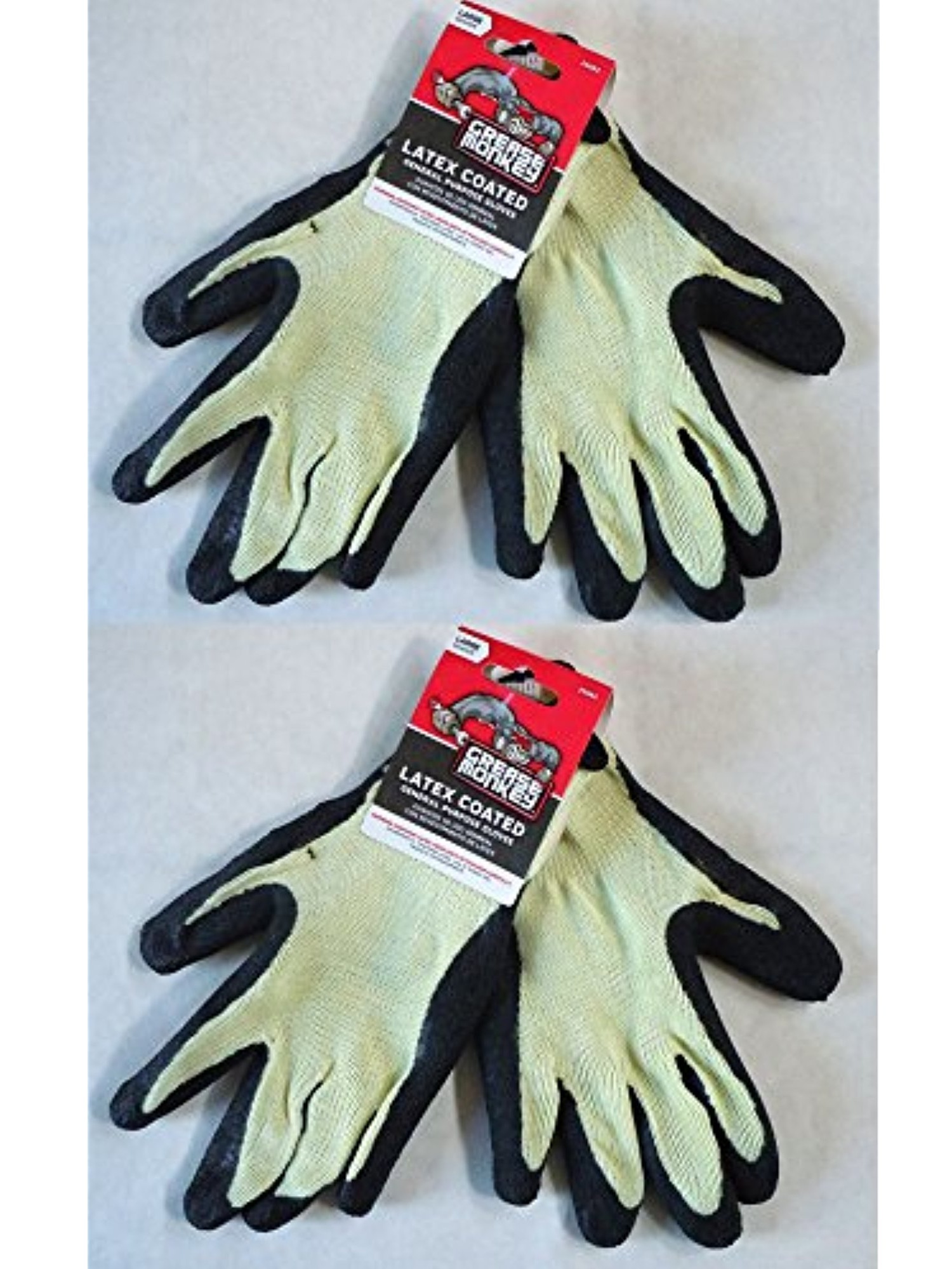 2 Pairs of Grease Monkey Latex Coated General Purpose Gloves (Large)