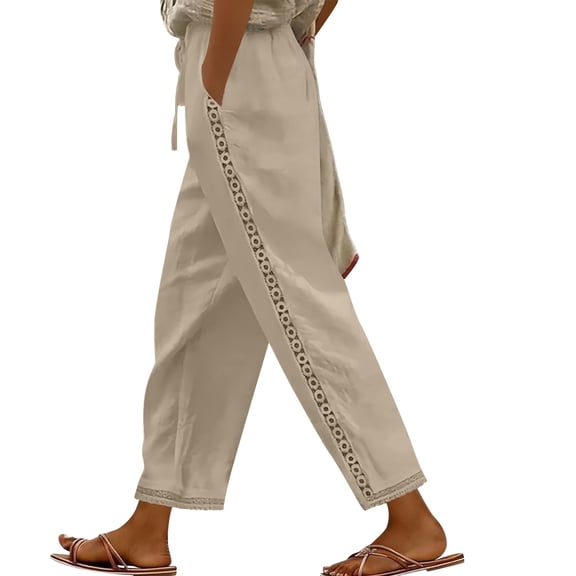 SYMOID Womens Casual Linen Pants Balloon High Waisted Elastic Waistband Pull On Cropped Wide Leg With Pockets Khaki,Size M