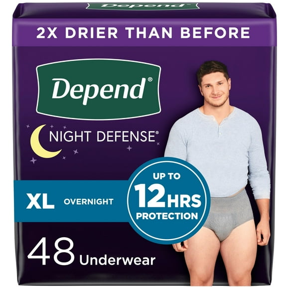 Depend Night Defense Adult Incontinence Underwear for Men, Disposable, Overnight, Extra-Large, Grey, 48 Count (4 Packs of 12), Packaging May Vary
