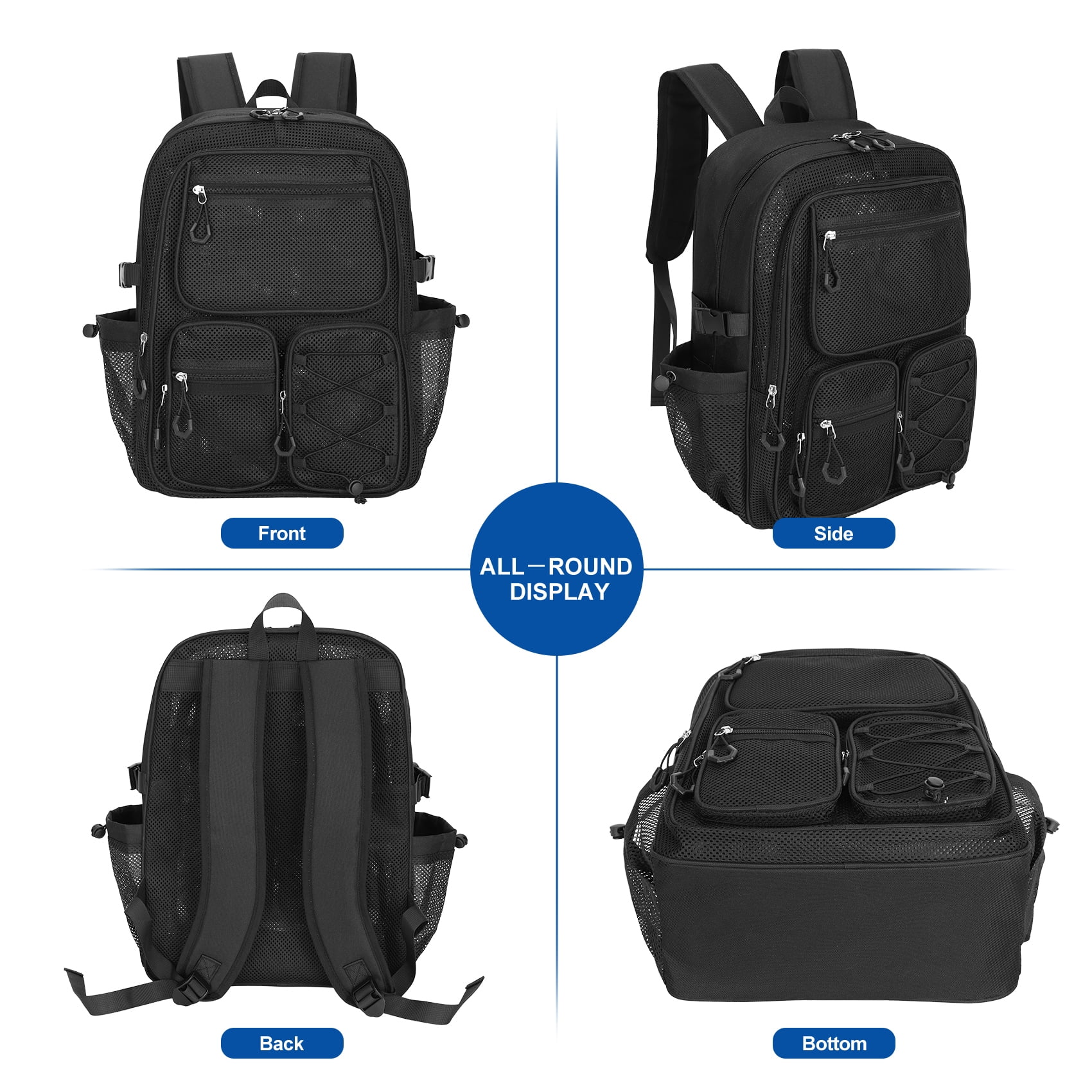 KOITHOT Mesh Backpack Heavy Duty, Stadium Approved Multi-Pocket Beach Backpacks for Adults, See Through Transparent Mesh Bookbag for School & Travel(Black)