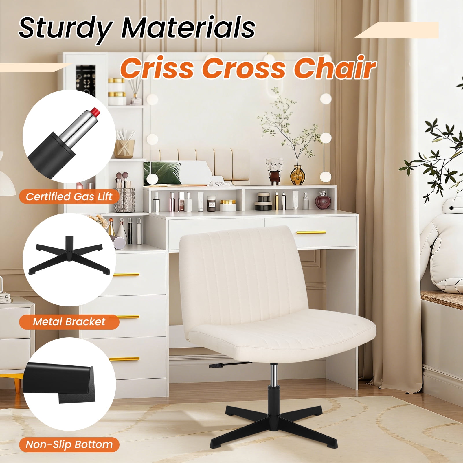 Dkelincs Criss Cross Chair Adjustable Wide Computer Desk Chair Armless Vanity Chair Modern Task Chair No Wheels, Beige