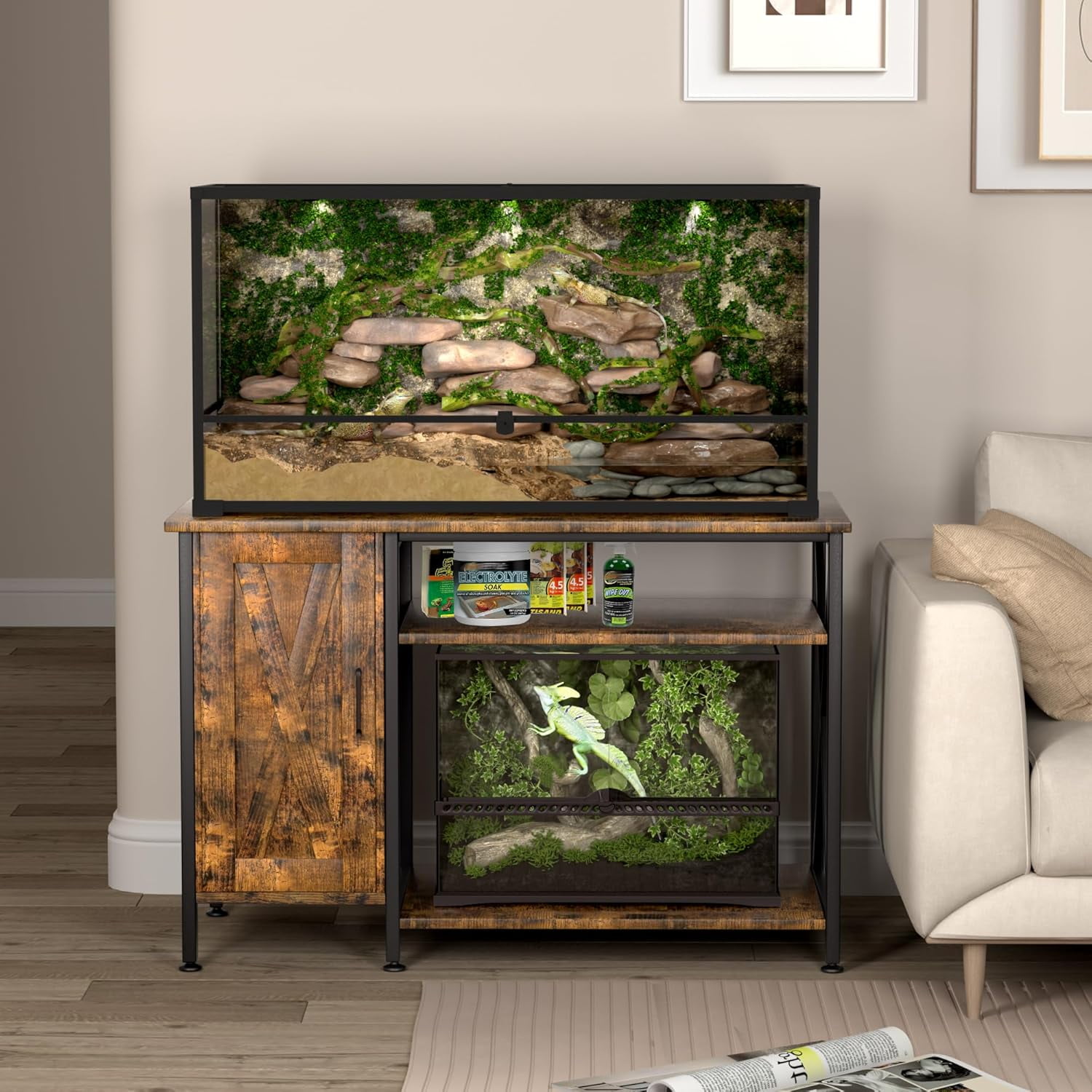 Herture 40-120 Gallon Reptile Tank Stand with Power Outlet, Terrarium Stand with Storage Cabinet, 48" X 24" Tabletop, Reptile Terrarium,Turtle Tank Black PG08XYB