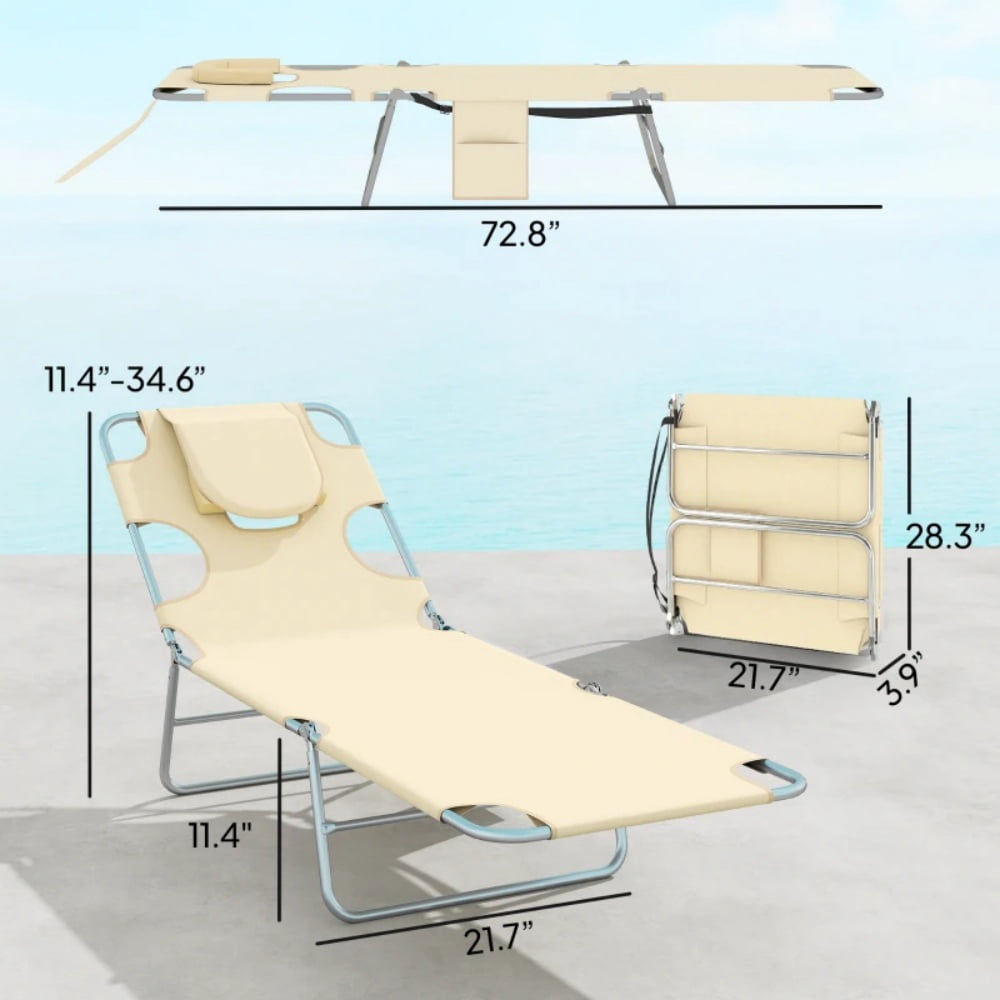 2-Pack Outdoor Folding Sun Lounger Set 5-Position Adjustable Backrest Face Cavity & Arm Slots Side Pocket Carry Strap Breathable Oxford Fabric Lounge Chair for Beach Pool Patio