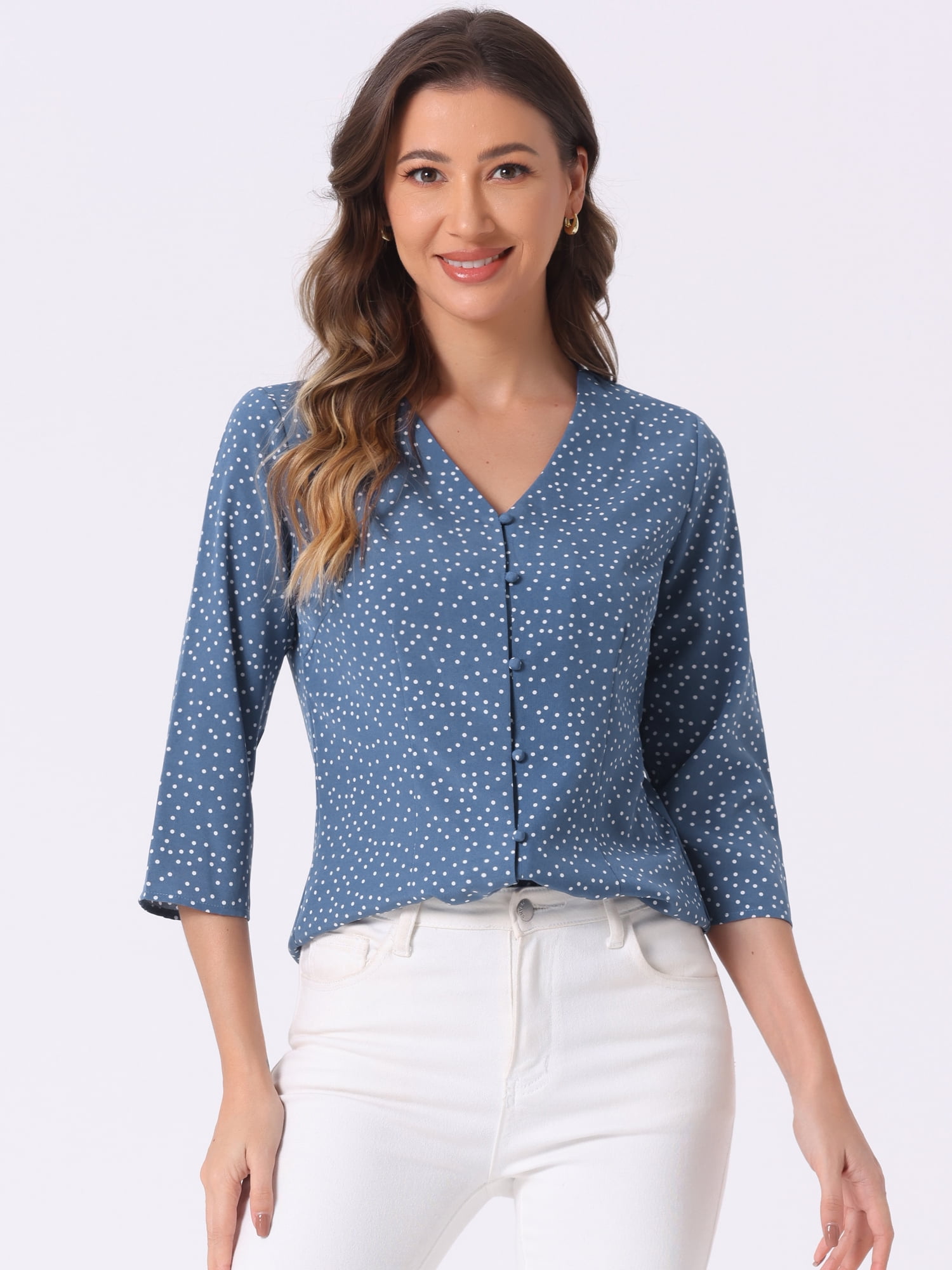 DARING DIVA Women's Polka Dots 3/4 Sleeve Button Blouse Top XL Denim Blue