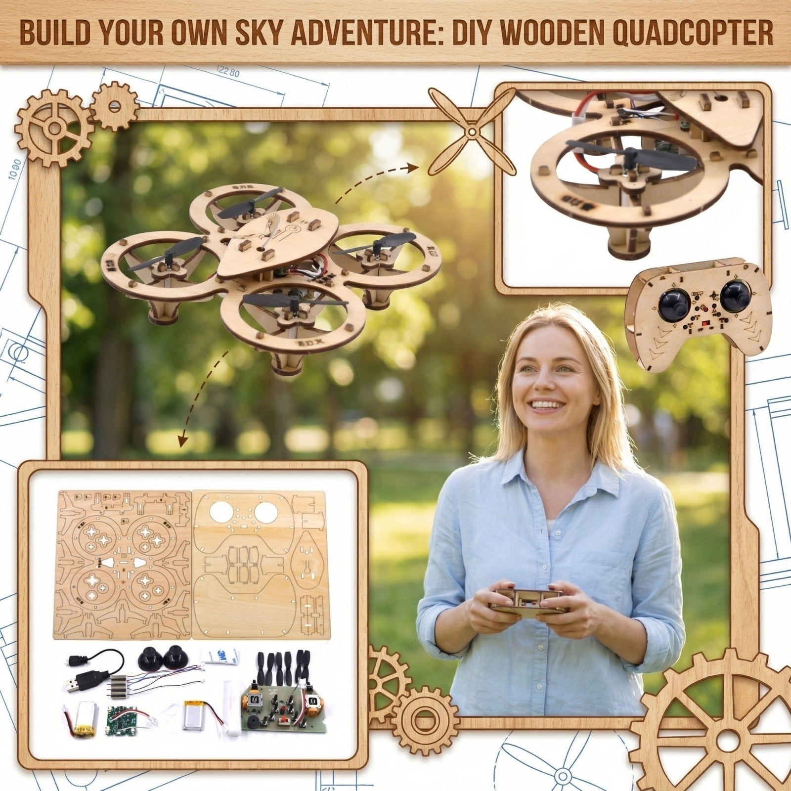 DIY Quad Drone, Wooden Assembly, 1 Pack DIY Kit, for Hobby STEM Building