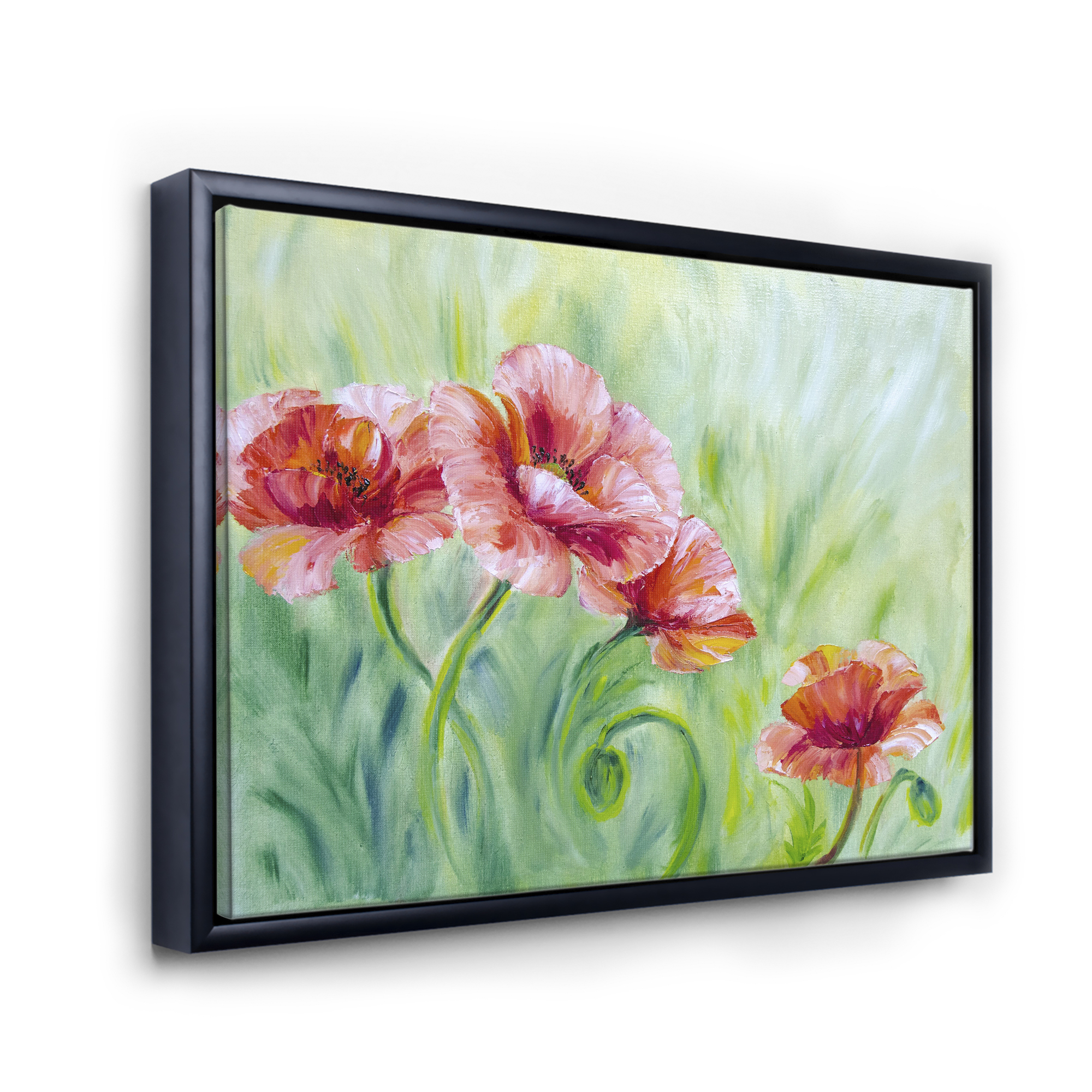 Designart 'Red Blossoming Poppies Over Wild Green II' Traditional Framed Canvas Wall Art Print