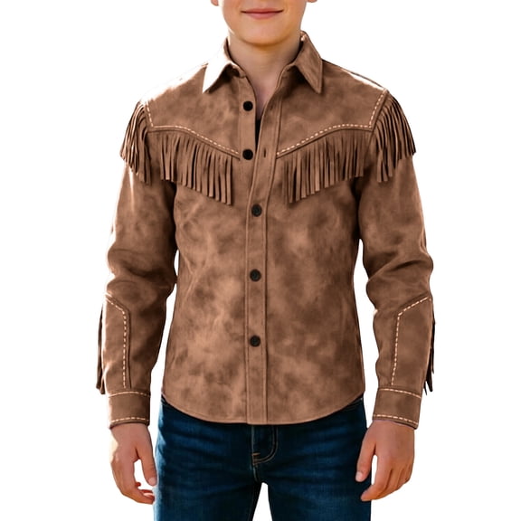 Byoo Toddler Boys Western Fringe Suede Shirt Button Down Long Sleeve Top for Casual,Brown