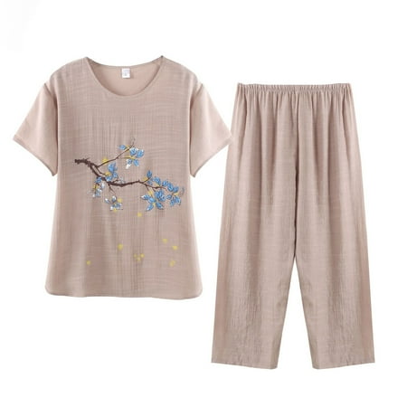 

YMH 2 Pcs/Set Women Top Pants Set O Neck Flower Print Grandma Style Elastic Waist Grandmother Summer Pajamas Set for Daily Wear