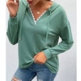 thumbnail image 3 of Sudadera informal lisa de manga larga para días de trabajo, talla S, sudadera con cuello en V verde grisáceo con detalle de encaje, 3 of 6