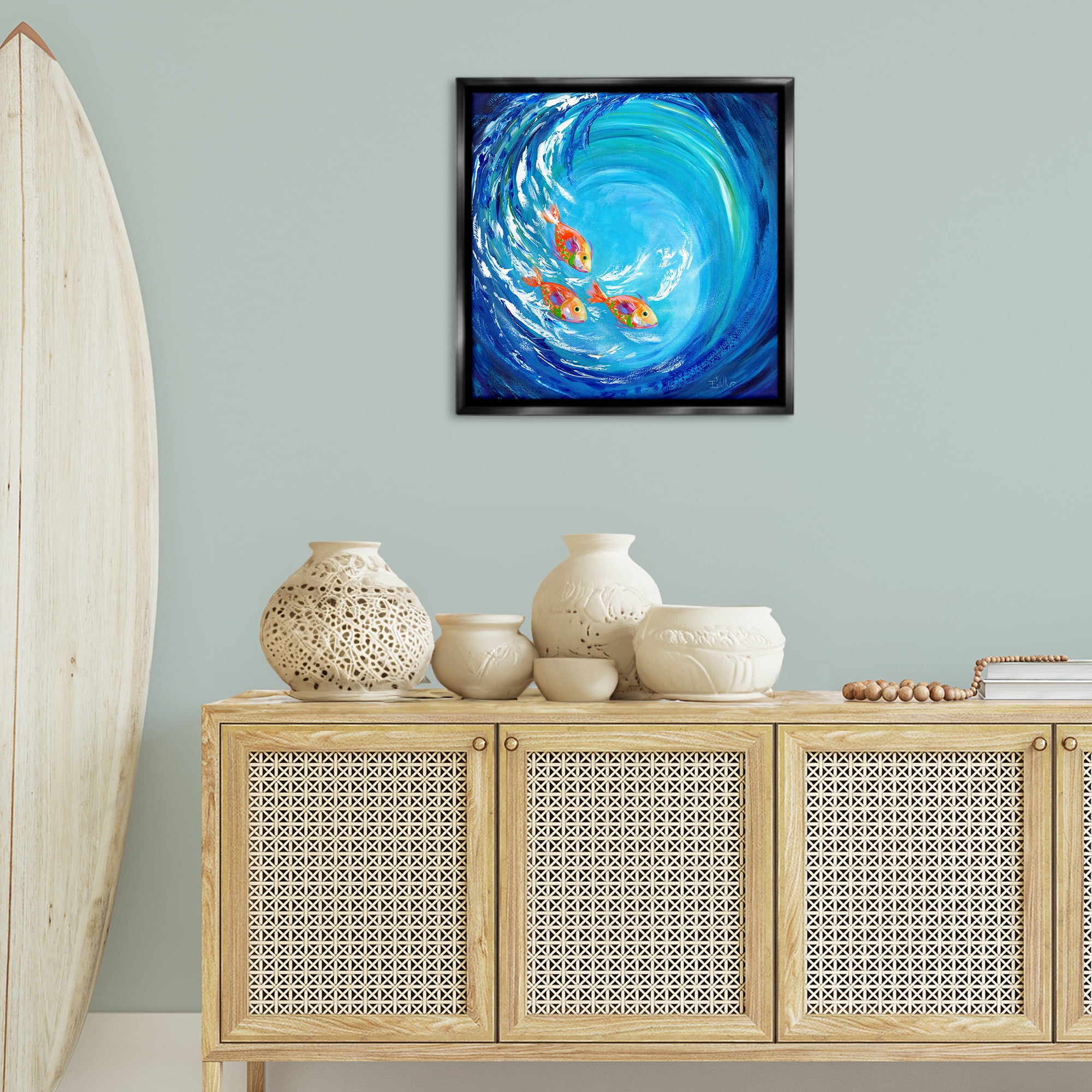 Stupell Industries Into The Blue Fish Landscape Painting Black Floater Framed Art Print Wall Art, 25 x 25