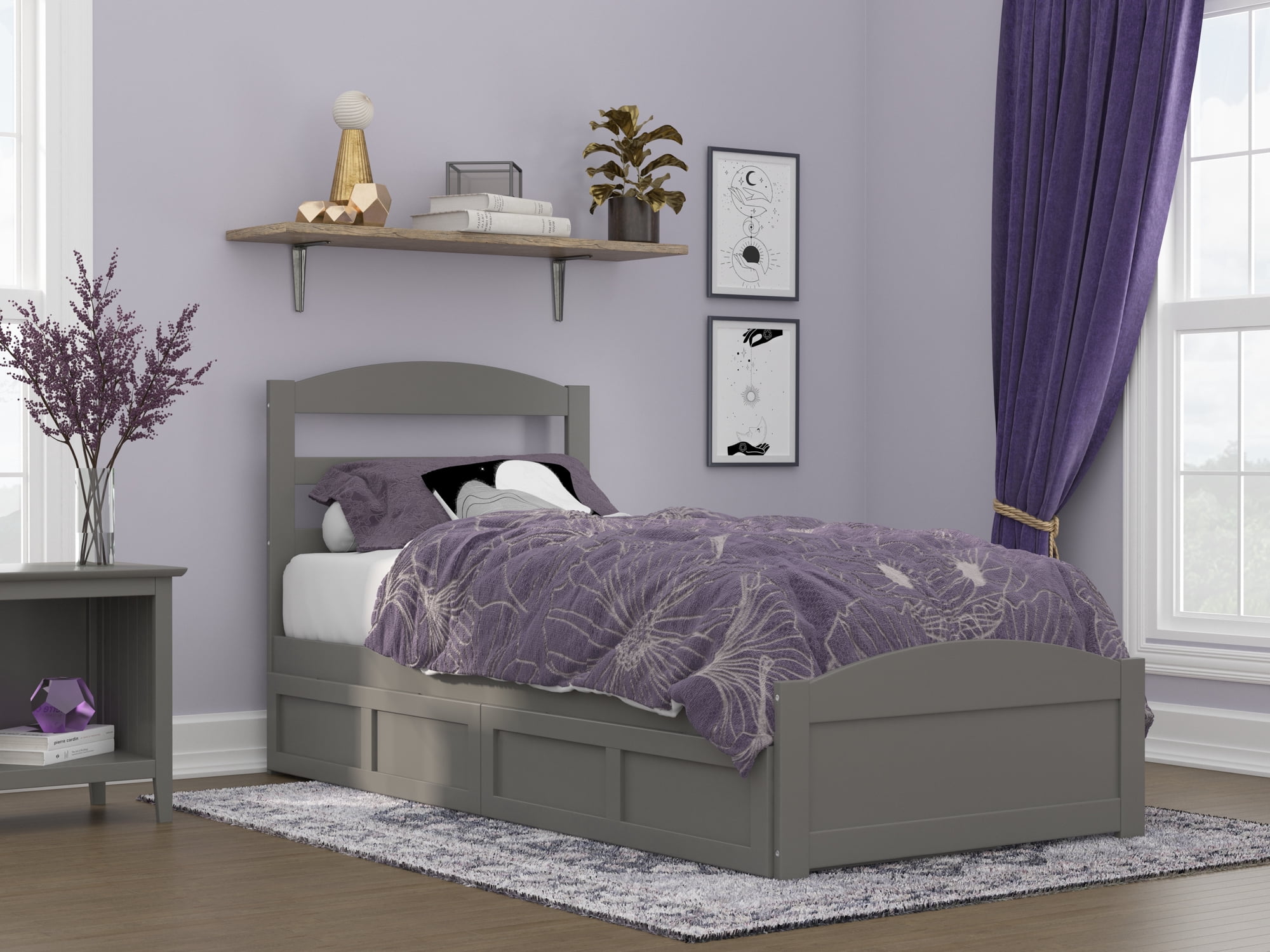 AFI Warren Twin XL Wood Platform Bed with Headboard Footboard & 2 Storage Drawers, Grey