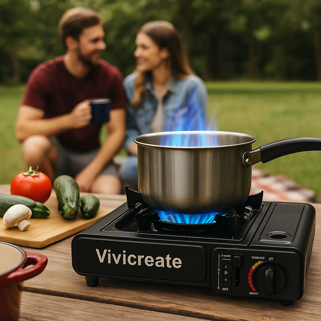 Vivicreate Portable Butane Camping Stove, Single Burner Gas Cooker with Carrying Case, Black, for Camping and Outdoor Cooking