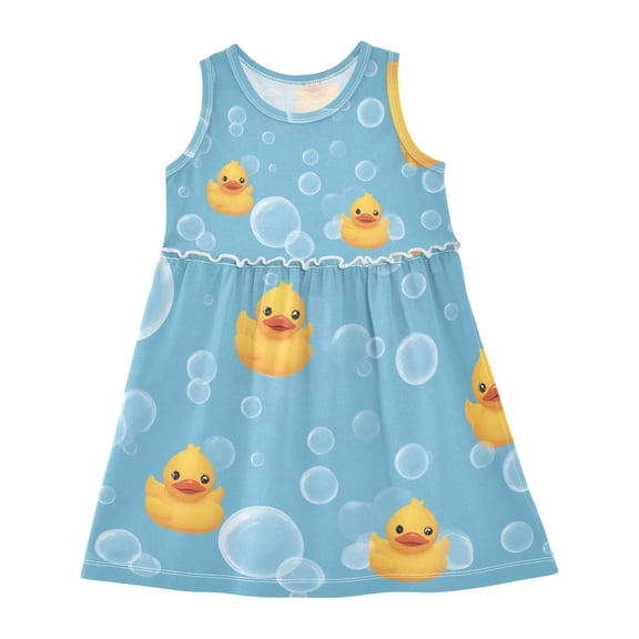 Girls Dress Cartoon Yellow Duck Sleeveless Dress for Girls Hem A-Line Casual Sundress
