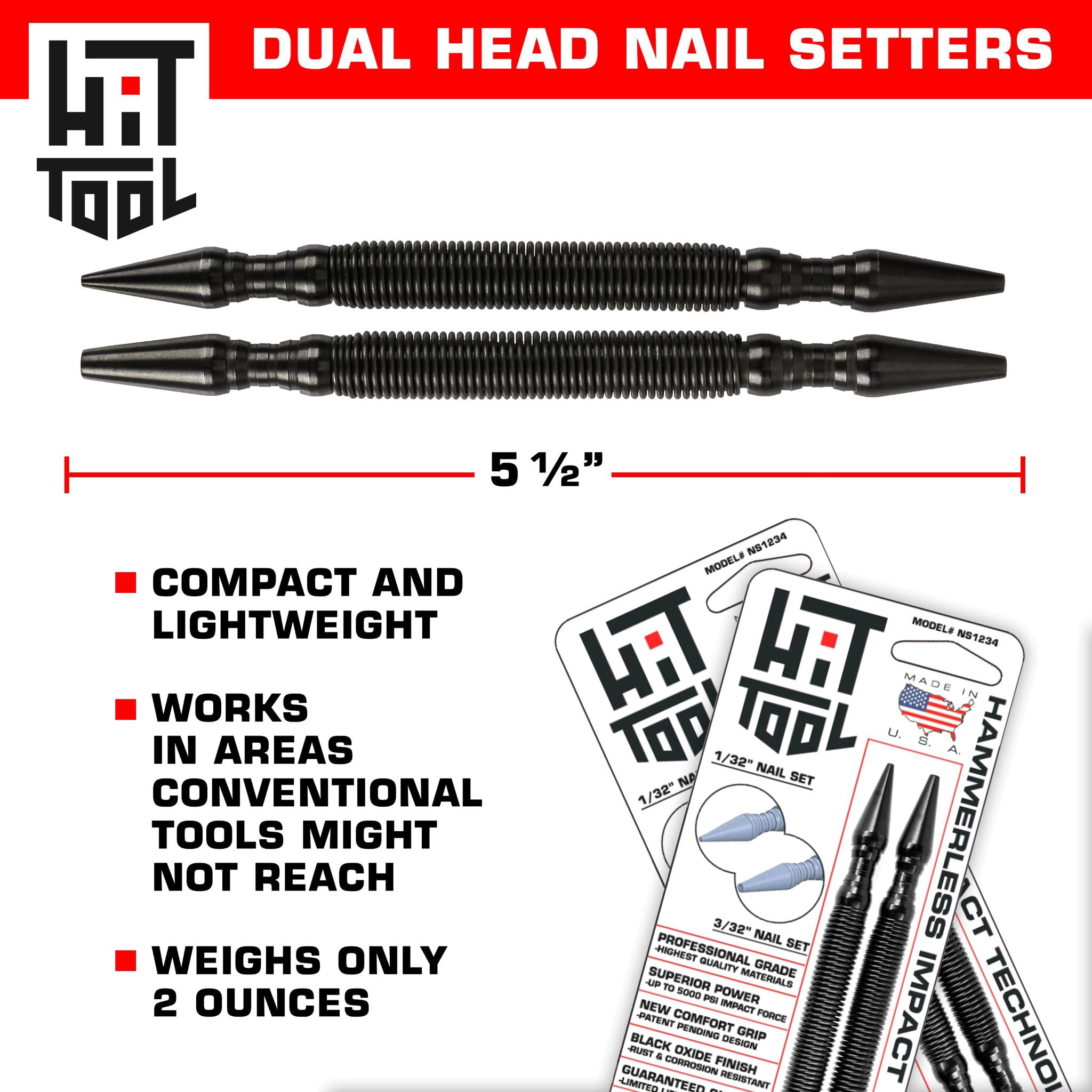 HIT Tool Pro Finish Kit includes 1/32"(#1), 2/32"(#2), 3/32"(#3), 4/32"(#4) Combination Nail Setters (2 Piece) Hammerless Spring Tool Set