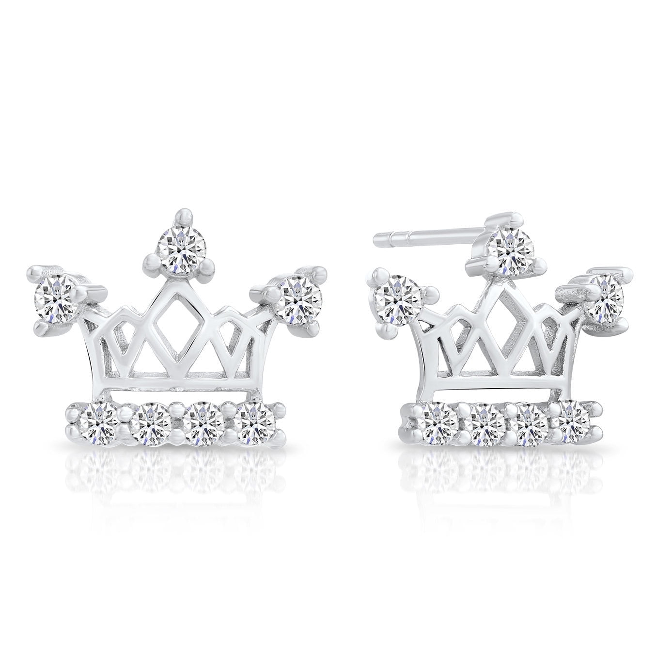 Tilo Jewelry 925 Sterling Silver Royal Crown Stud Earrings with Cubic Zirconia CZ Stones | Secure Push-Backs | Women & Unisex