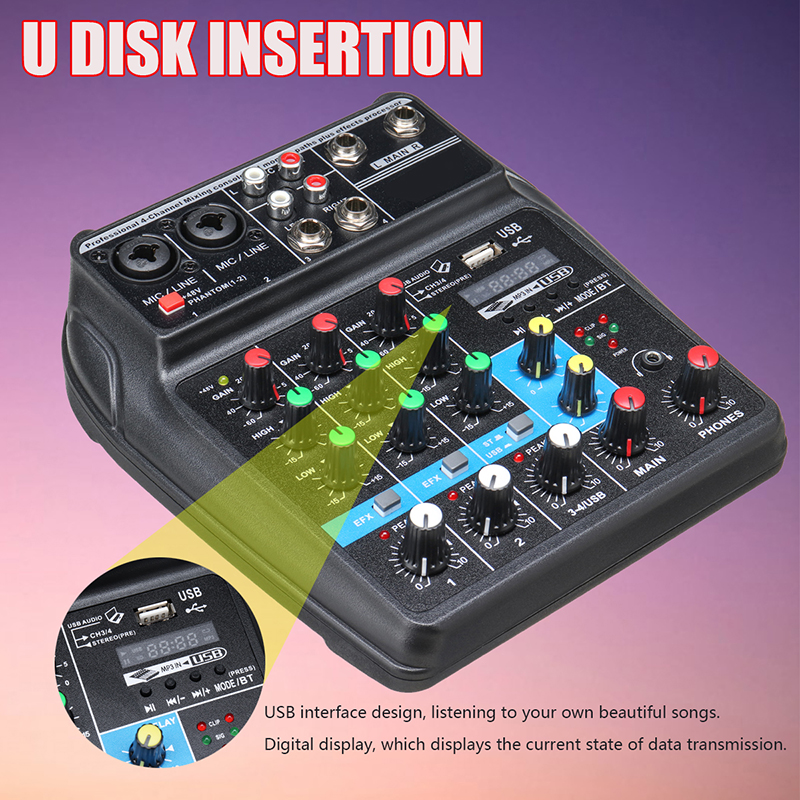 4 Channels Live Studio Audio Mixer Mixing Console Power USB Stage