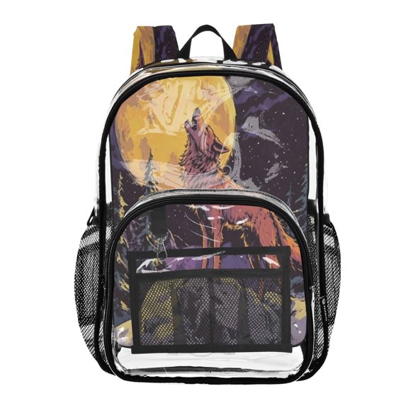 Iauyy Clear Backpack Heavy Duty PVC Transparent Backpack for College Workplace, Moon Wolf