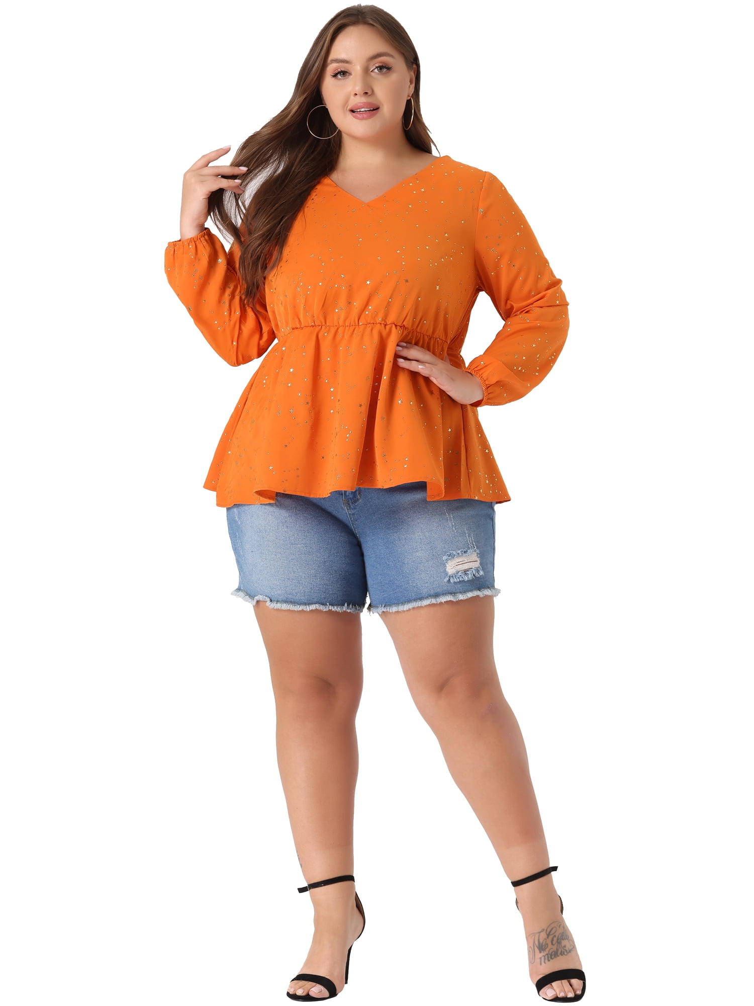 DARING DIVA Women's Plus V Neck Peplum Top Ruffled Elastic Waist Blouse 3X Orange