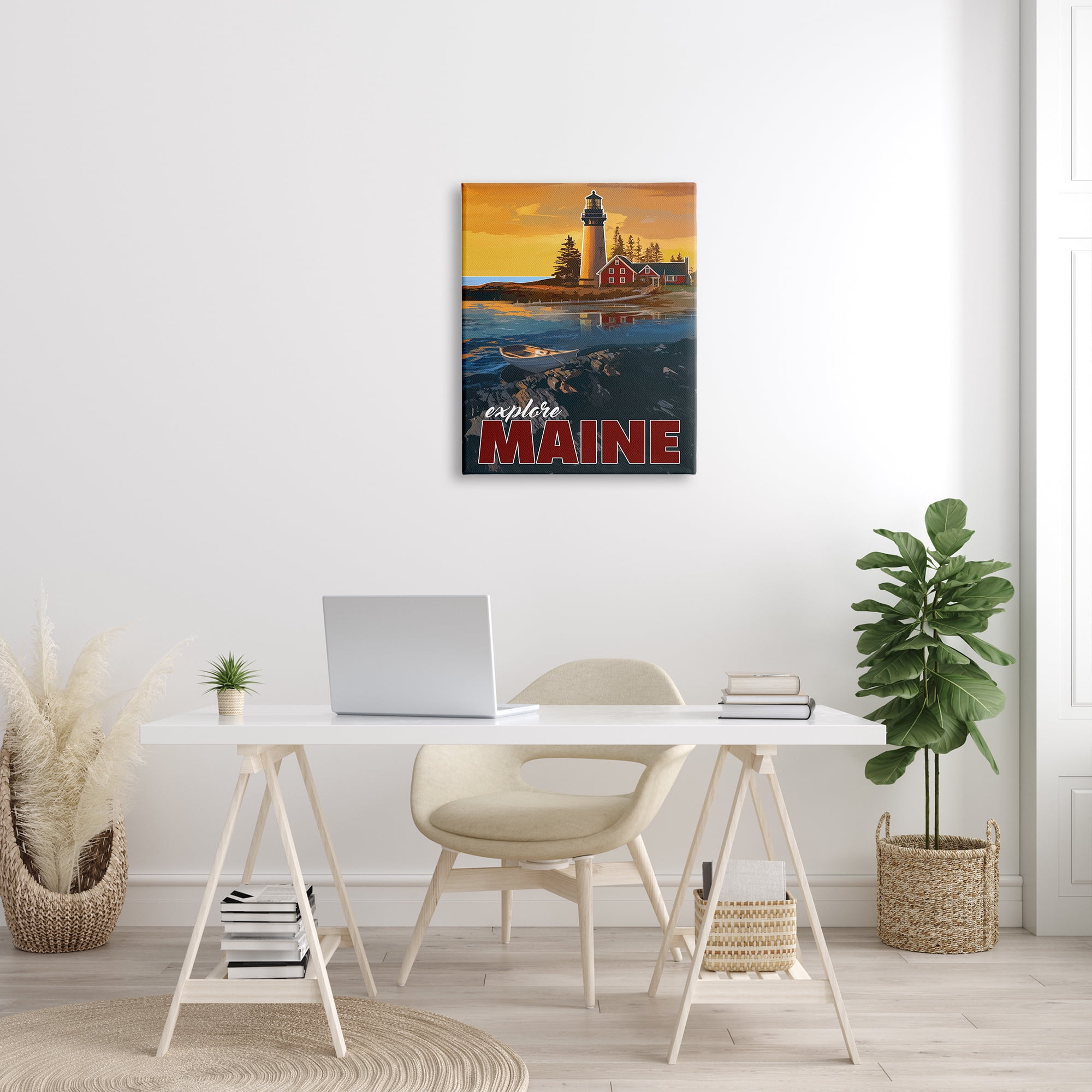 Stupell Industries Explore Maine Distant Ocean Lighthouse Beacon Travel Graphic Art Gallery Wrapped Canvas Print Wall Art, Design by David Owens Illustration