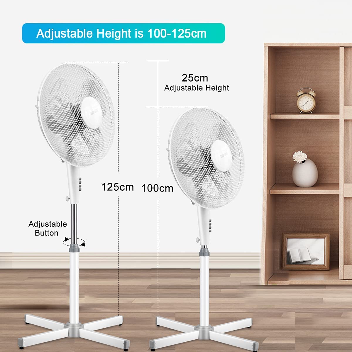 White 3 Speed Adjustable Height Oscillating Floor Standing Air Cooling