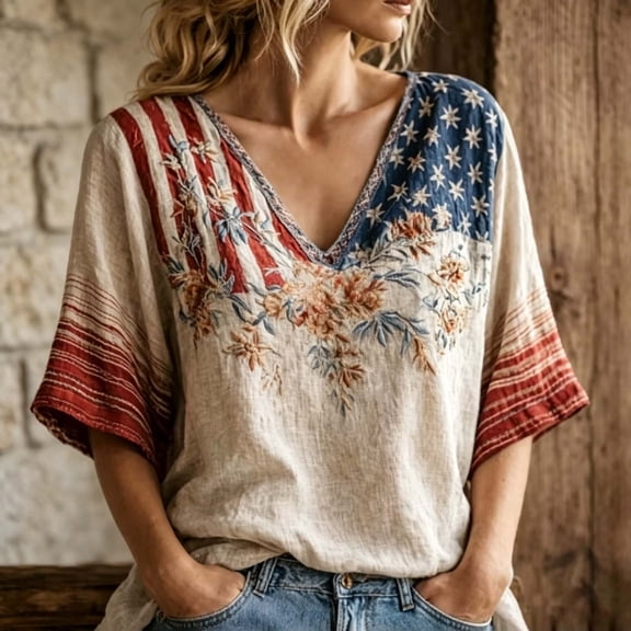 KDFJPTH T Shirts for Women Tops Summer Patriotic Floral Embroidered V Neck 3/4 Sleeve Casual Business Tees White L