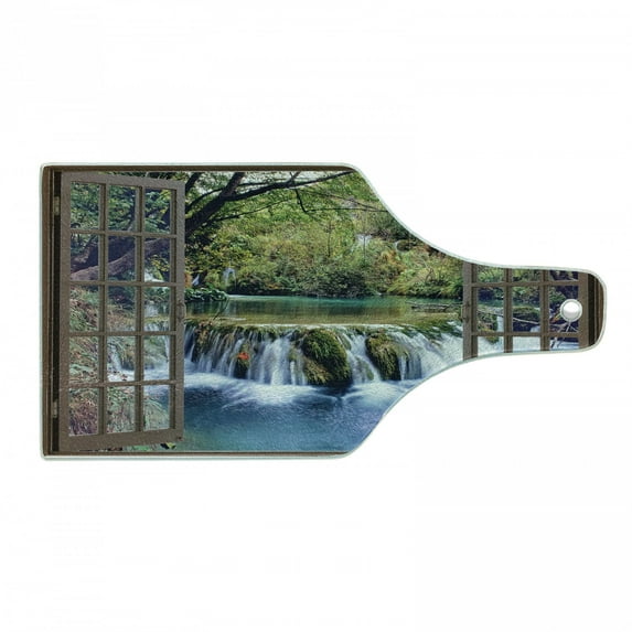 Waterfall Cutting Board, Wide Waterfall Deep down in the Forest Seen from a City Window Epic Surreal Print, Tempered Glass Cutting and Serving Board, Wine Bottle Shape, Multicolor, by Ambesonne