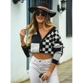 thumbnail image 5 of Womens Color Block Plaid Button Down Cardigan Long Sleeve Cable Knit Checkered Sweaters Tops Y2k Aesthetic Clothes Black S, 5 of 10