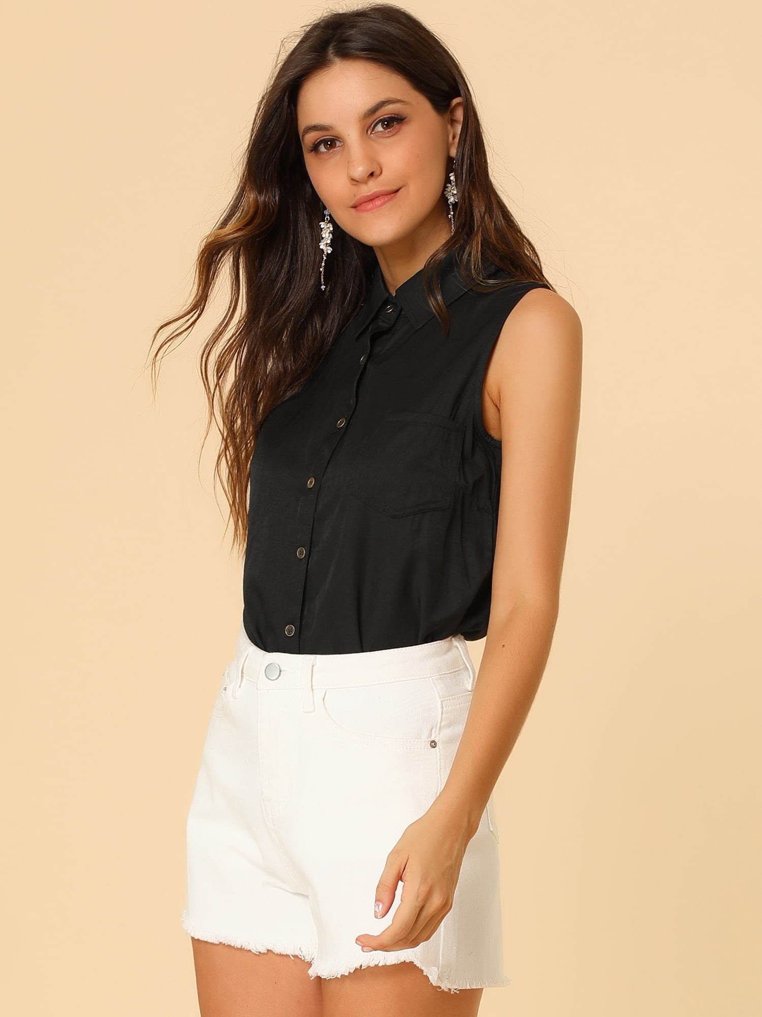DARING DIVA Women's Single Breasted Point Collar Sleeveless Shirt XL Raven Black