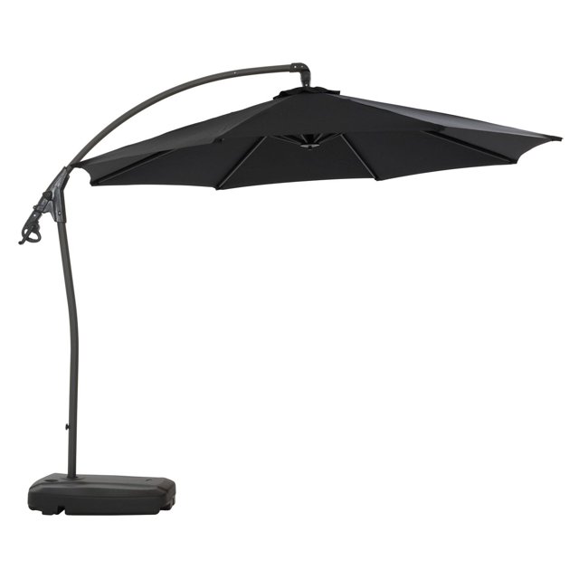 9.5ft black cantilever outdoor patio umbrella with curved aluminum and steel frame supported by a fillable wheeled base