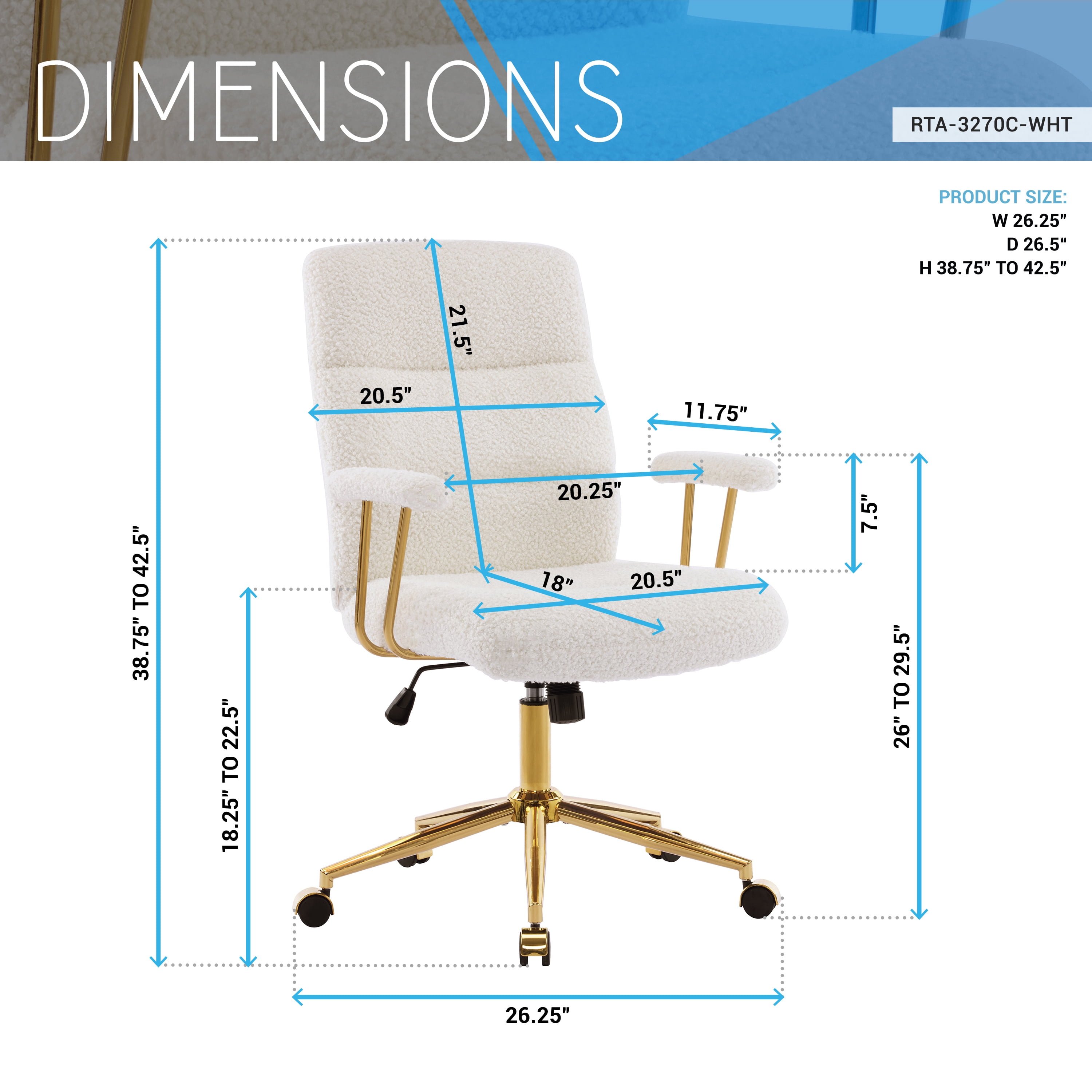 Techni Mobili Elegant Textured Boucle White and Gold Office Chair, RTA-3270C-WHT