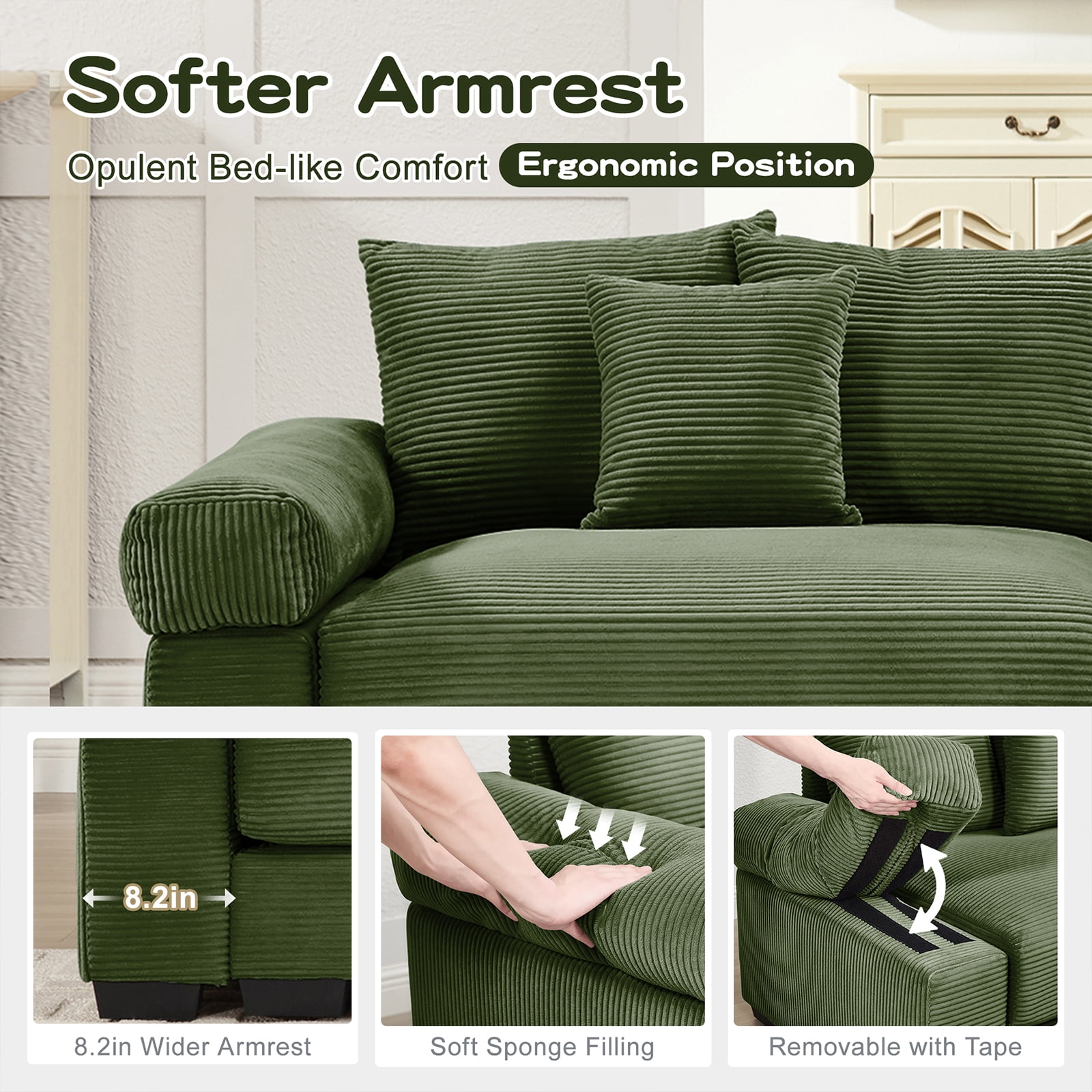 117" Modern Corduroy Sectional Couches for Living Room, Comfortable Corner Couch Sofa, Green 3 Seater Corner Couch for Flexible Layout, Muebles para la Sala, Oversized Sofa Set