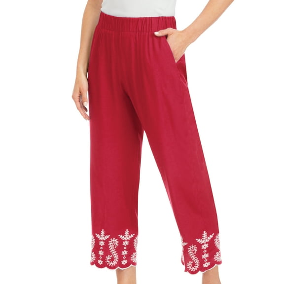 Collections Etc Embroidered & Scalloped Hem Elasticized Waist Capris