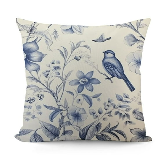 Flowers Birds Blue and White Throw Pillow Cover,Cushion Case Outdoor Decoration for Sofa Couch Farmhouse