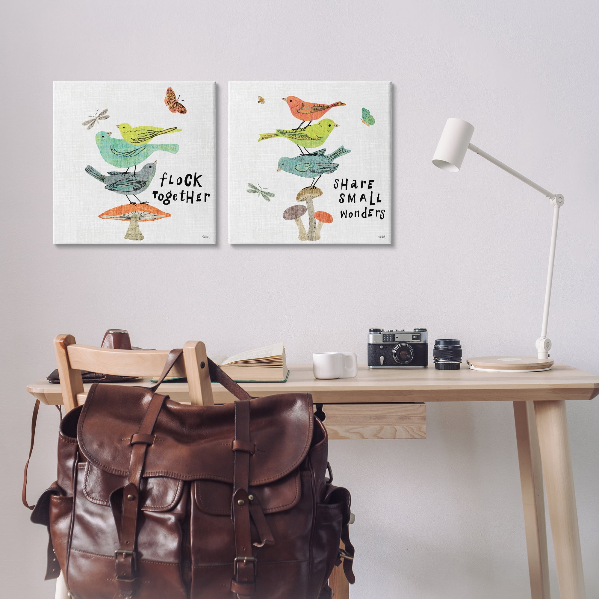 Stupell Industries Flock Together Share Birds Animals Painting Wrapped Canvas Art Print Wall Art, 17 x 17, Set of 2
