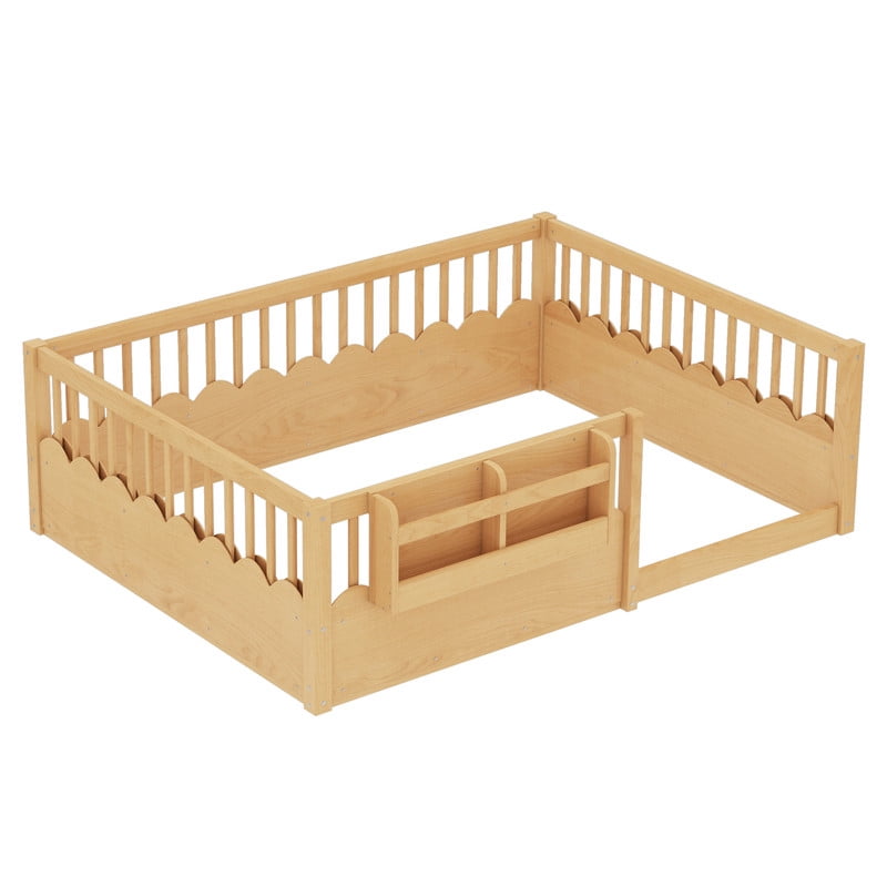 Full Size Floor Bed with Heightened Fence, Kids Platform Bed Frame with No Slat, Montessori Storage Bed with Bookshelf