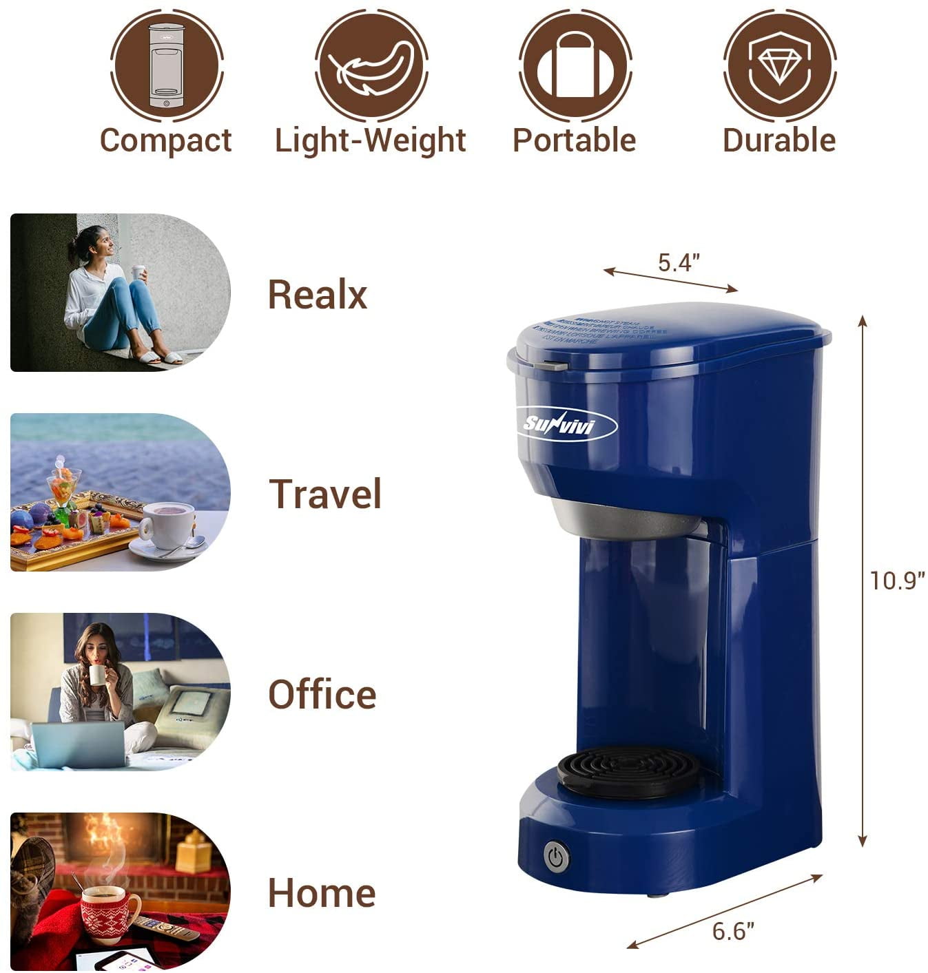 Single Serve Coffee Maker for Pods and Ground Coffee, 6-14OZ Reservoir  One-Touch Control Button Coffee Machine, Blue