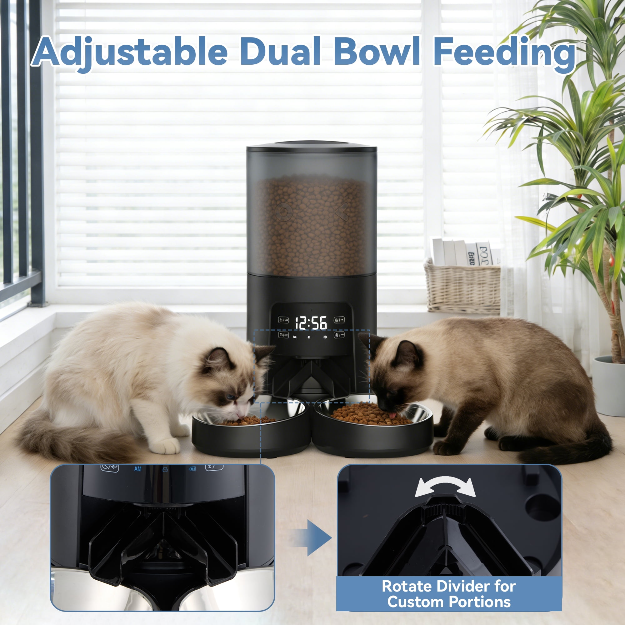 SHOUFTW 6L Automatic Pet Feeder for Cats & Dogs, Timed Dry Food Dispenser with Portion Control, Voice Recorder, Dual Power,Black