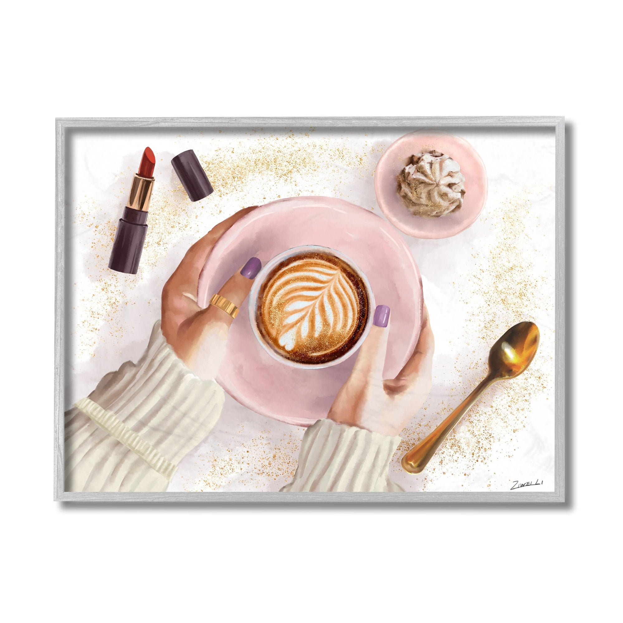 Stupell Industries Café Cappuccino Cup with Glam Fashion Lipstick Black Framed, 24 x 30, Design by Ziwei Li