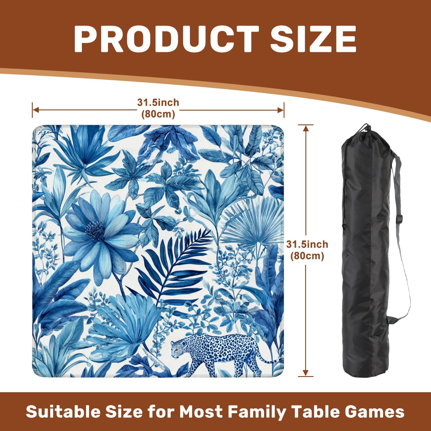 Mahjong Mat 31.5" x 31.5" Seamless white tropical leaves gold elements blue Non-Slip Noise Reduction American Mahjong Tiles Table Cover for Dominoes Poker Card Board Games Gift