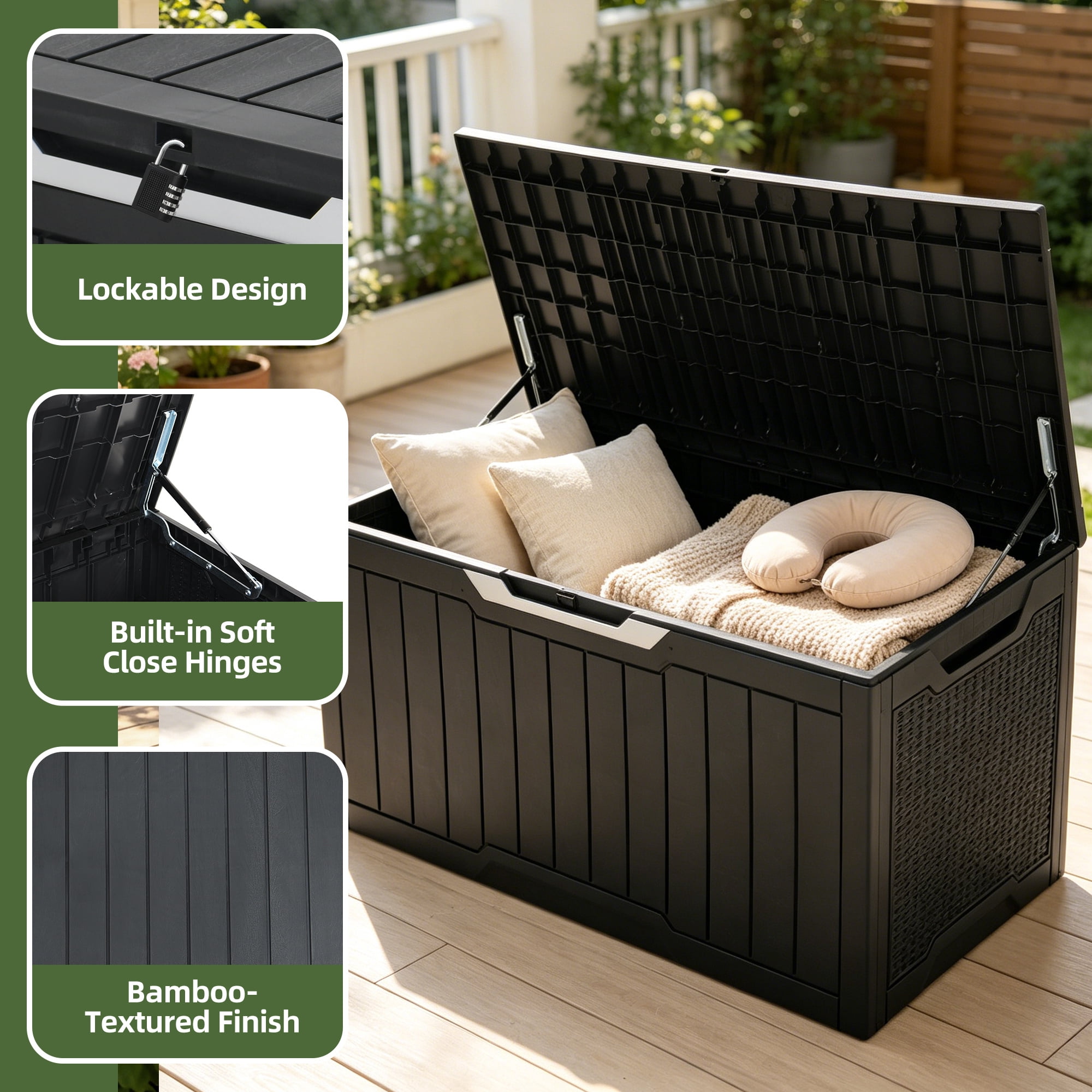 Uforic 100 Gallon Weatherproof Rattan Deck Box, Lockable Resin Large Outdoor Storage Box for Patio Cushions Garden Tools Equipment, Black