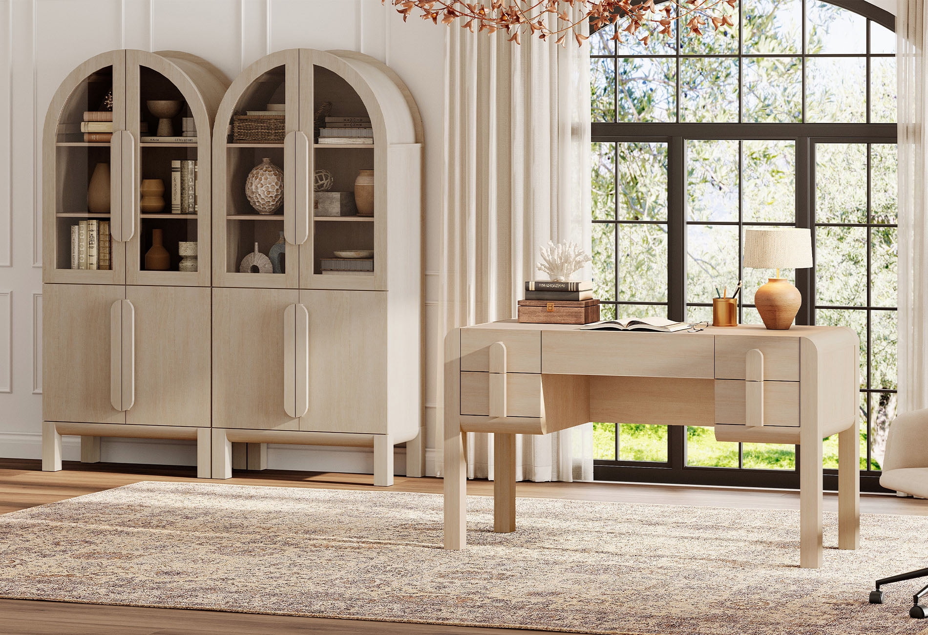 Home Office Set, 53.5" Modern Executive Desk with Charging Station and Drawers & 2 Piece 71"H Tall 3-Tier Arched Bookcases with Glass Door for Living Room, Bedroom, Home Office