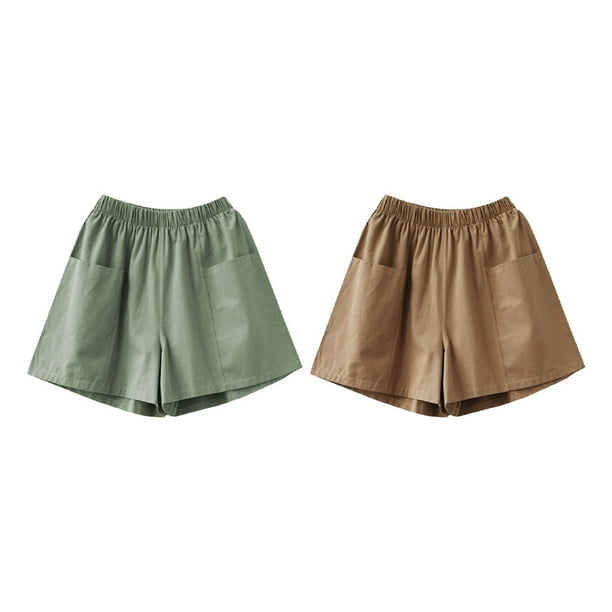 2 pantalones cortos casuales sólidos con cintura elástica para mujer con bolsillos, pantalones cortos de playa de verano